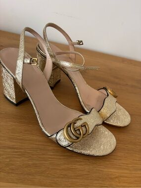 Gucci Metallic Gold Slingback Block Heel Sandals